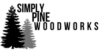 Simply Pine Woodworks logo with two pine trees in grayscale with text on the right hand side